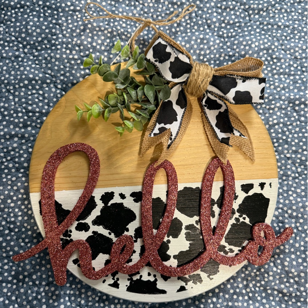 Rustic Hello Wall Decor or Door Hanger with Black and White Cow Print